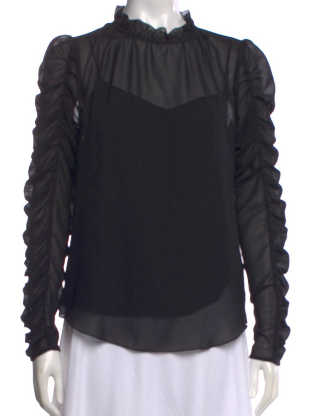 See By Chloe Black Sheer Ruffled-Neck Ruched-Sleeve Blouse